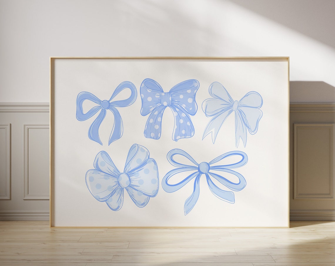 Five Blue Hand Drawn Bow Illustrations Coquette Ribbon Wall Poster