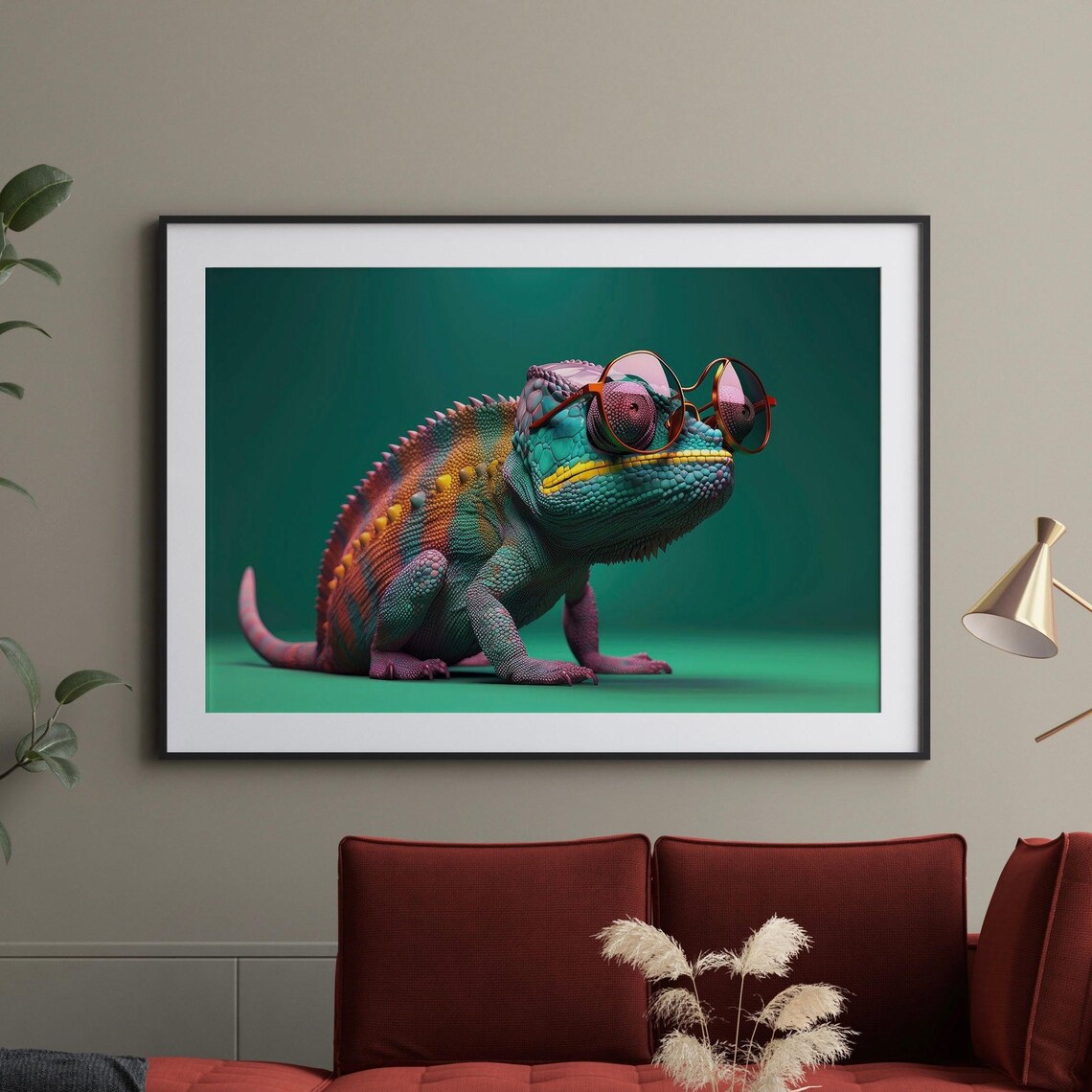 Chameleon Wearing Sunglasses Colorful Quirky Animal Portrait Poster