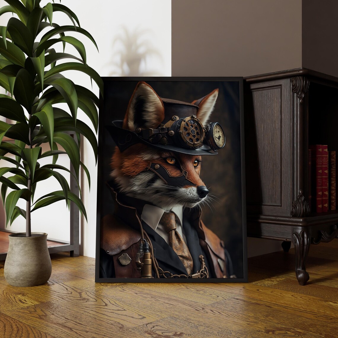 Steampunk Mr Fox Art Print, Quirky Animal Portrait