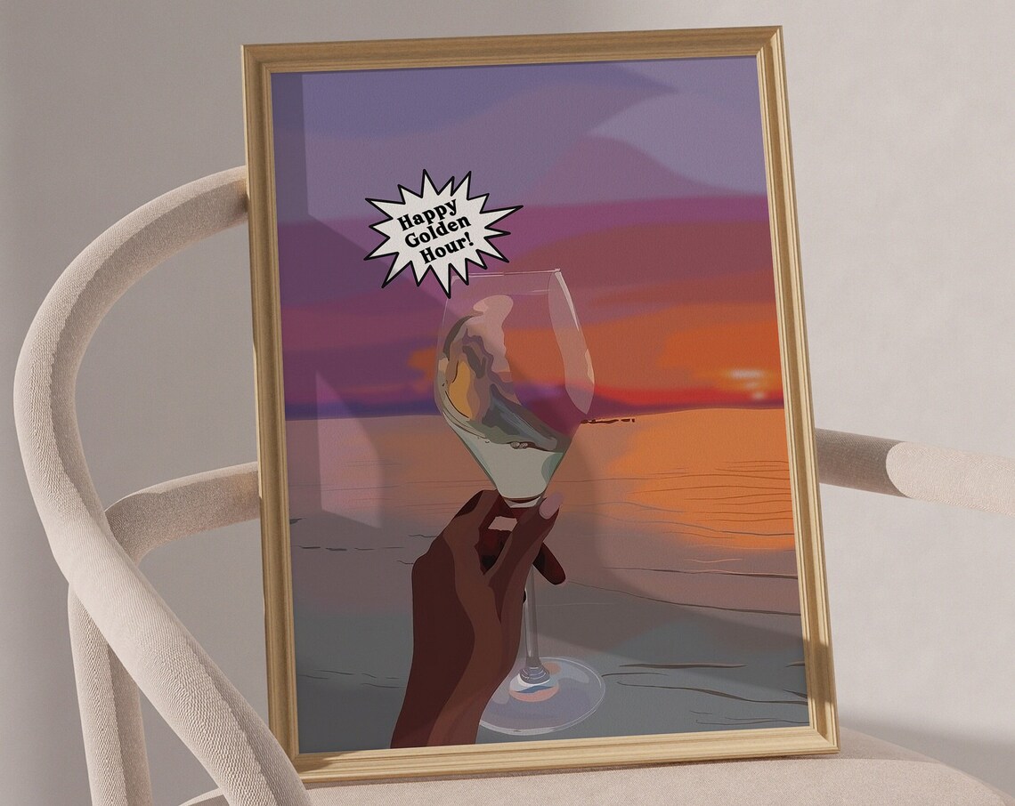Happy Golden Hour Wine Glass Sunset Ocean Bar Cart Party Poster