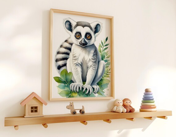 Watercolor Ring Tailed Lemur Tropical Leaves Nursery Art Poster