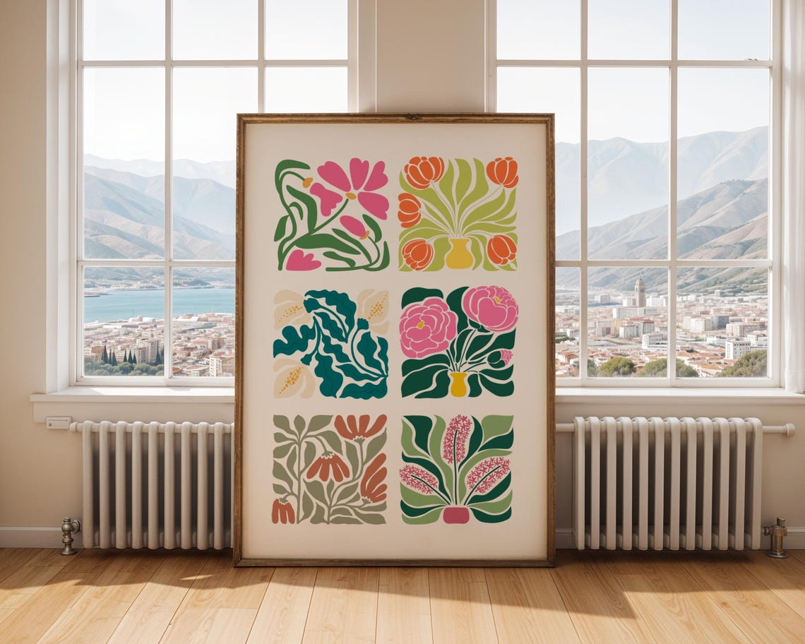 Six Panel Art Nouveau Style Colorful Flower Squares Botanical Wall Art
