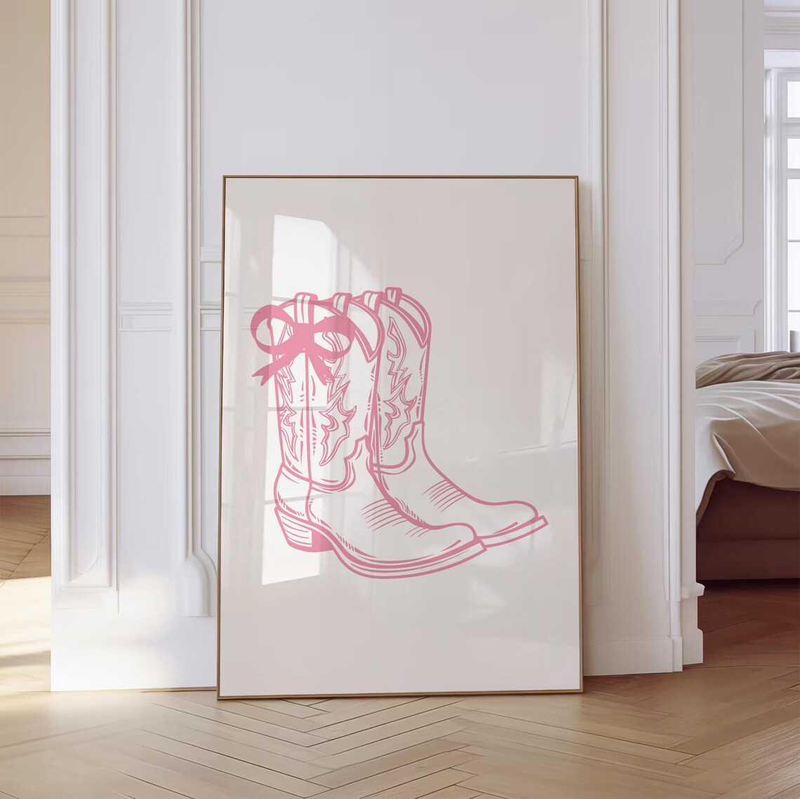 Pink Cowgirl Boots With Bow Detailed Line Art Girly Western Poster - Image 3