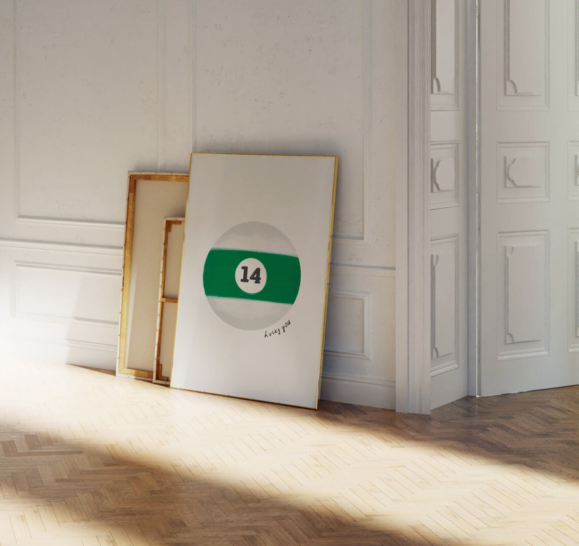 Lucky You Number 14 Green Pool Ball Hand Drawn Trendy Retro Wall Art - Image 3