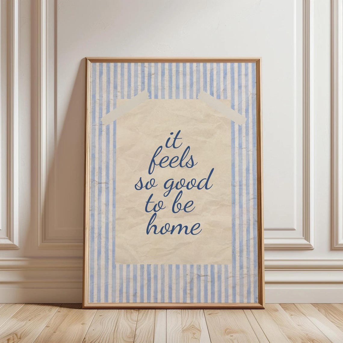 It Feels So Good to Be Home Navy Script Striped Farmhouse Wall Art