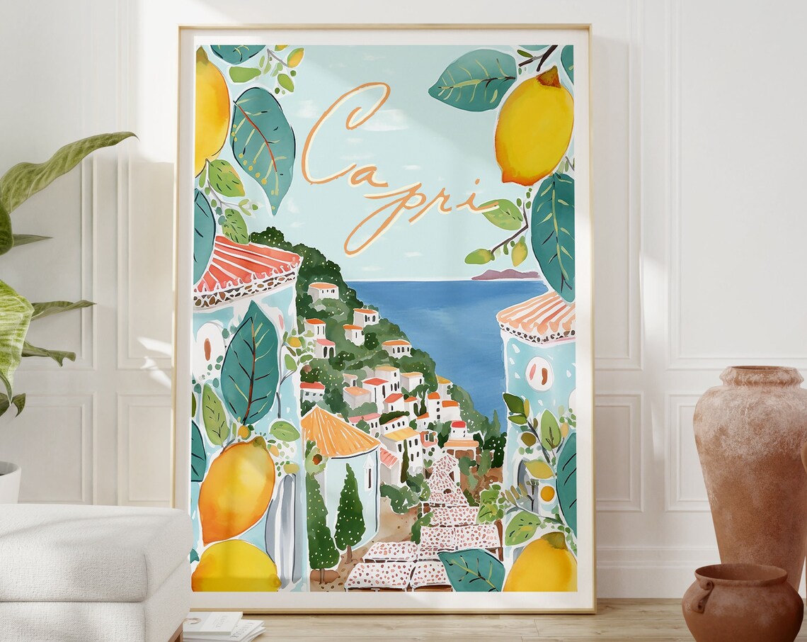 Capri Italy Lemons Travel Poster, Amalfi Coast