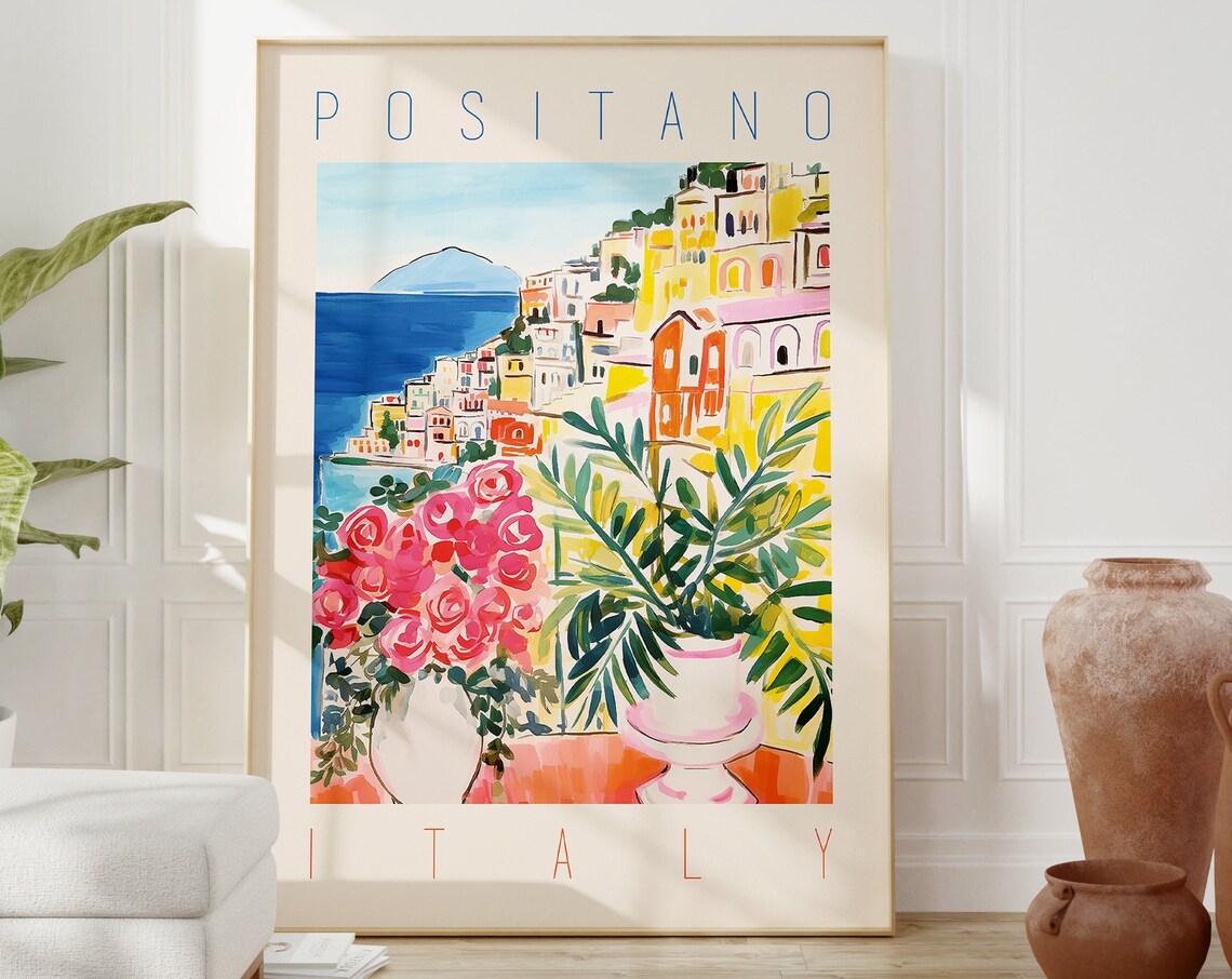Positano Italy Amalfi Coast Watercolor Roses Village Travel Poster