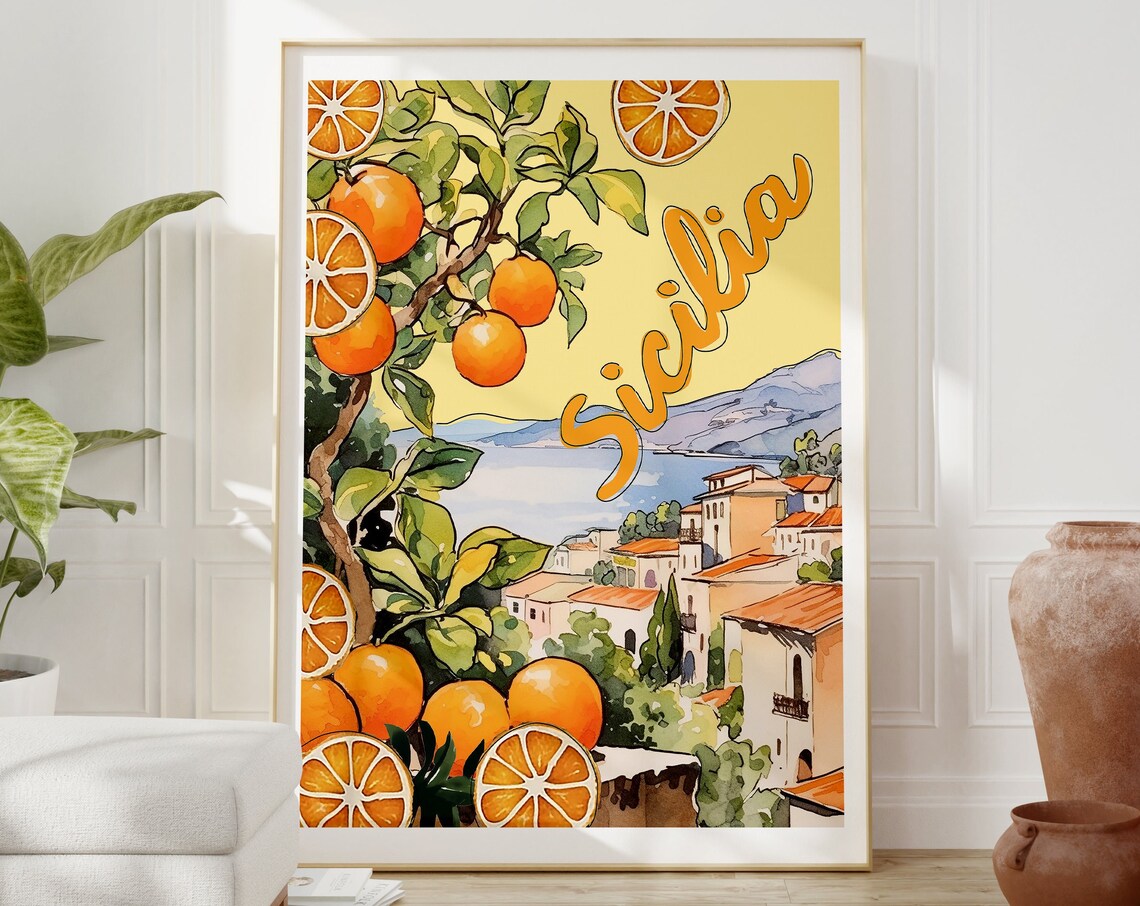 Sicily Italy Travel Poster, Retro Italian Oranges