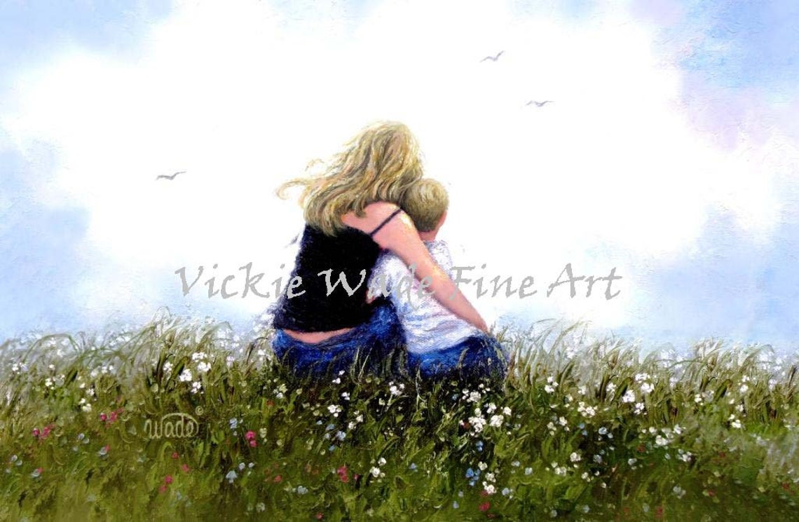 Blonde Mother Embracing Her Son Among Wildflowers Under the Sky Poster