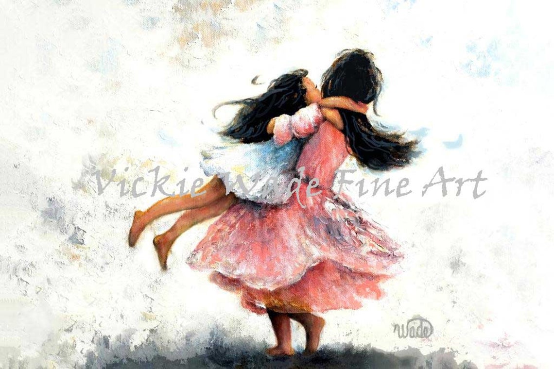 Two Sisters Dancing Together in Pretty Summer Dresses Poster