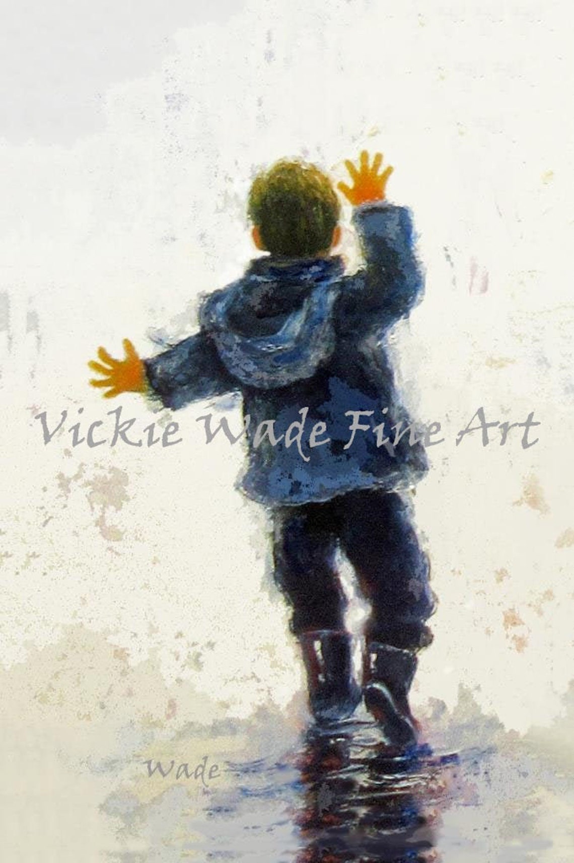 Little Boy Splashing in Rain Puddles in Blue Coat Joyful Poster