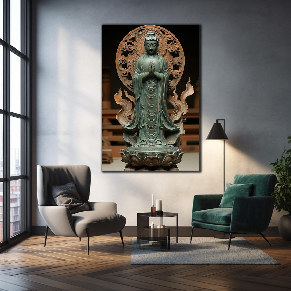 Standing Buddha Statue Praying Hands Bronze Zen Calm Wall Art Poster - Image 3
