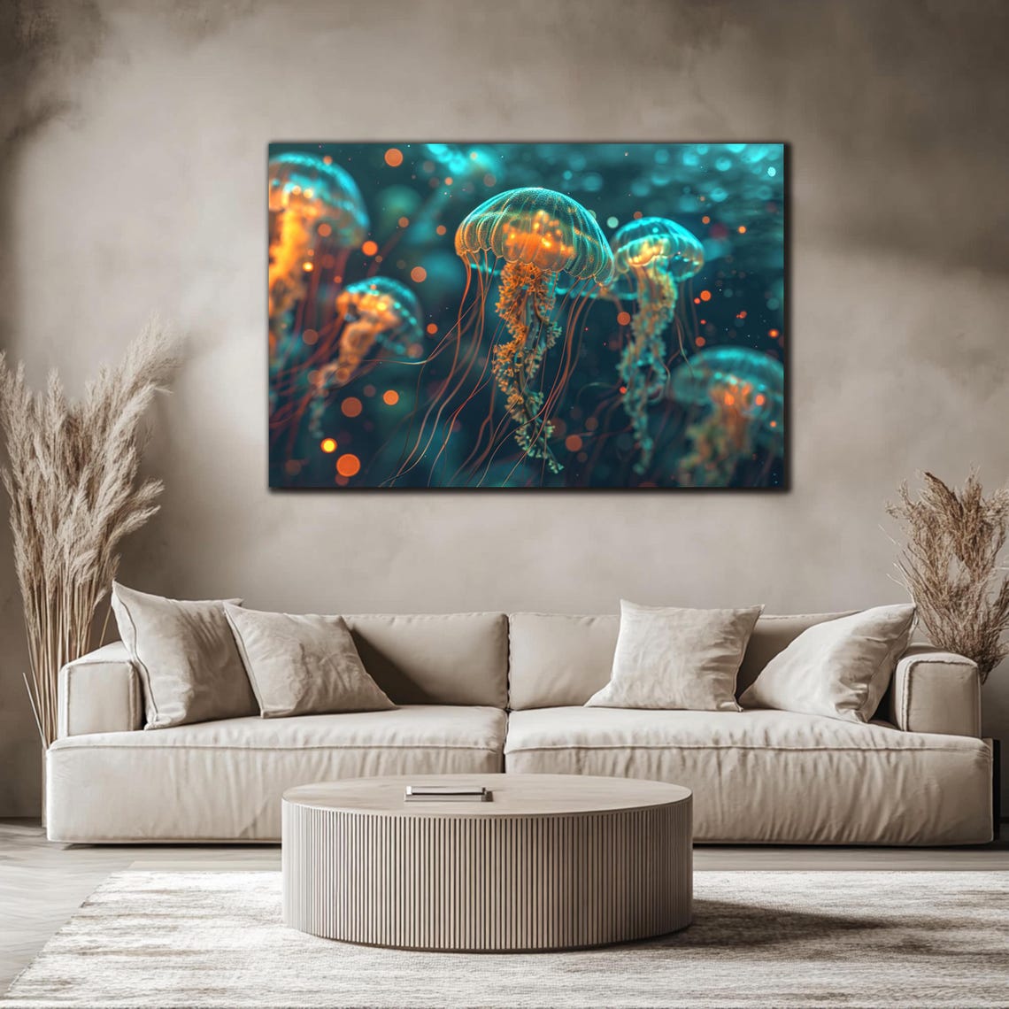 Glowing Jellyfish Swarm Teal and Amber Deep Ocean Night Print - Image 4