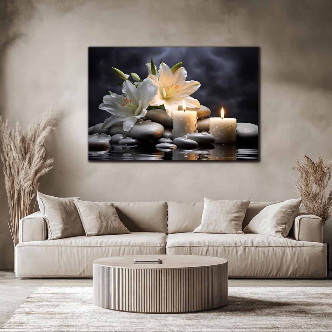White Lilies Candles Spa Stones Zen Dark Background Serene Poster - Image 4