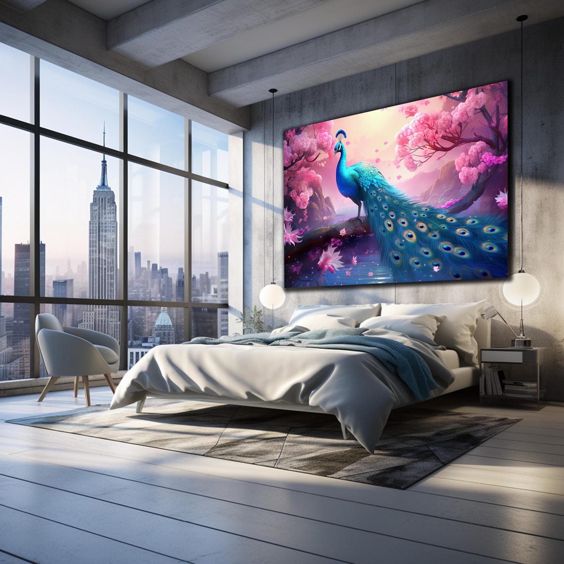Peacock With Cherry Blossoms Pink Floral Fantasy Bird Wall Art Poster - Image 3