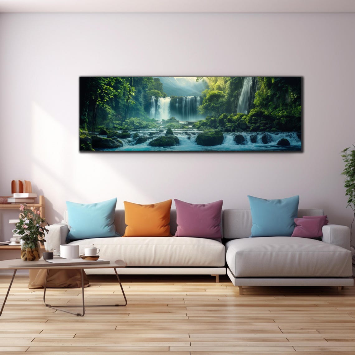Lush Green Waterfall Gorge Mossy Rocks Crystal Stream Panoramic Poster - Image 4