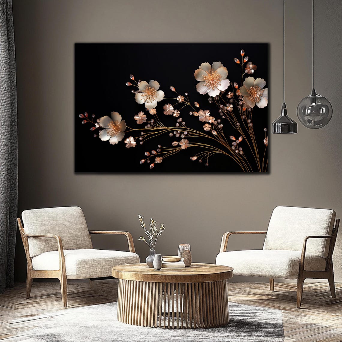 Champagne Gold Floral Branches Crystal Drops Black Background Poster - Image 4