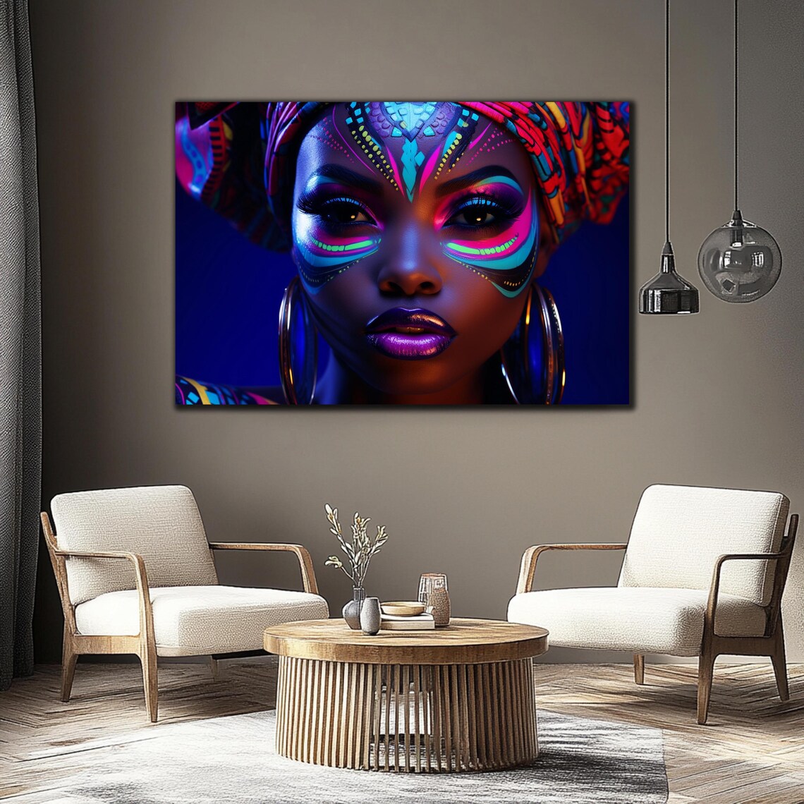 African Woman Neon Tribal Face Paint Headwrap Vivid Portrait Print - Image 3