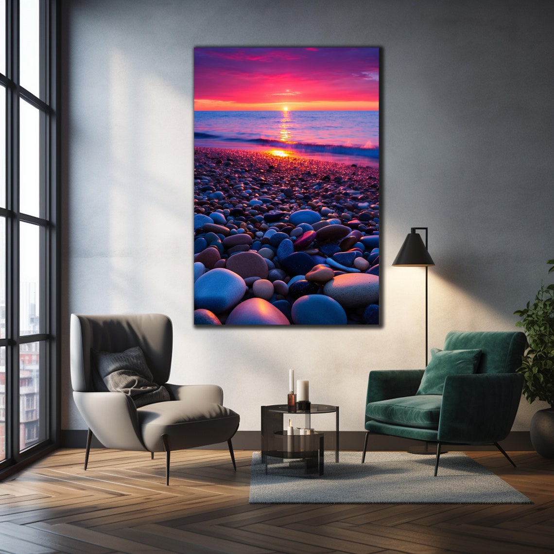 Pink Purple Pebble Beach Sunset Ocean Horizon Stones Travel Poster - Image 3