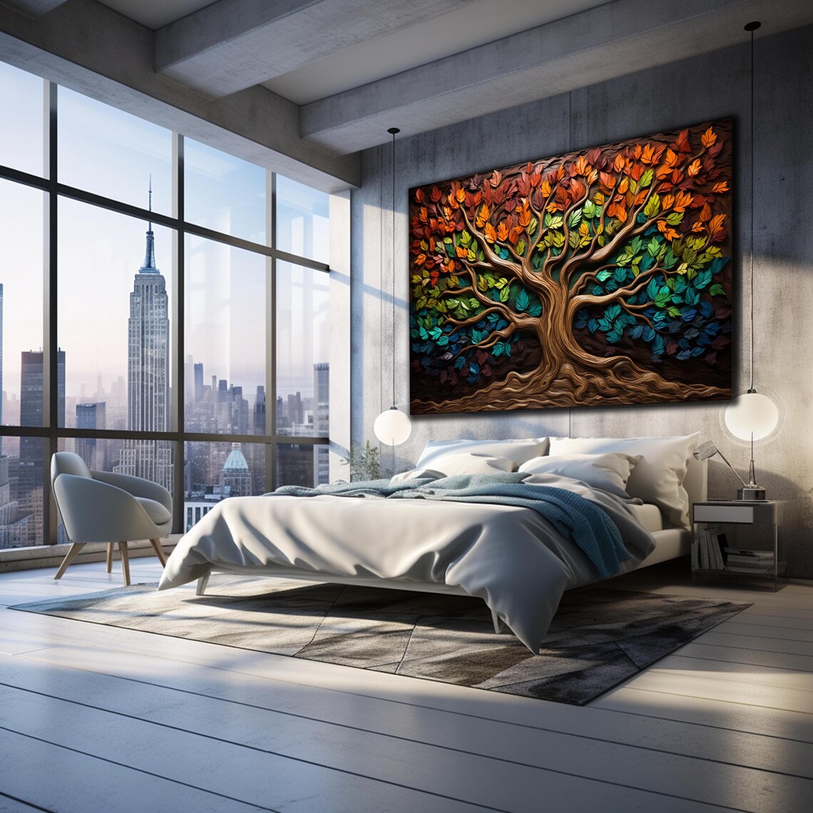 Tree of Life 3D Carved Wood Colorful Leaves Branch Wall Art Poster - Image 3