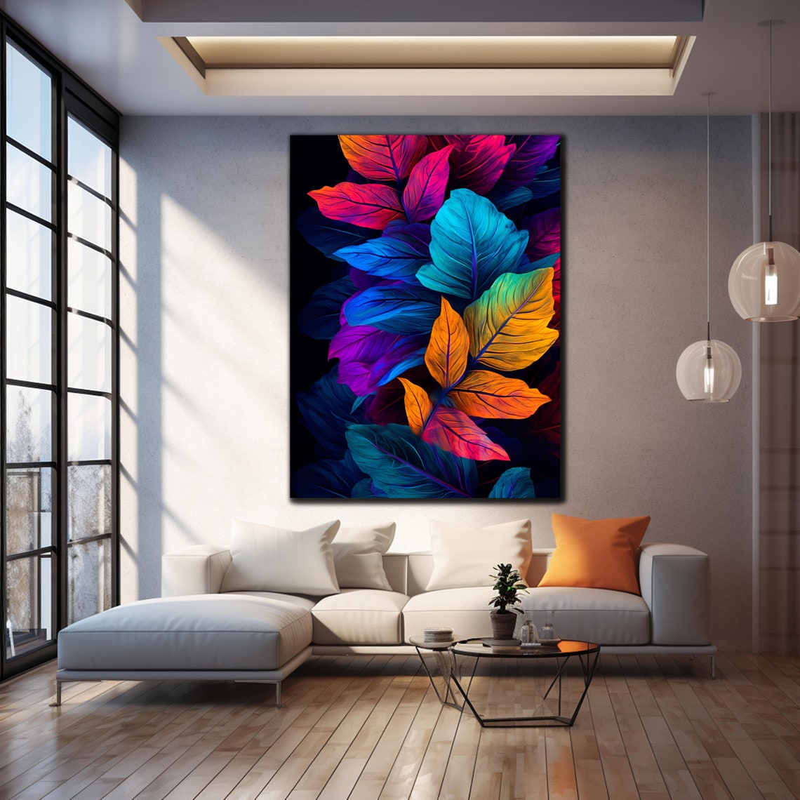 Colorful Neon Leaf Stained Glass Art Black Background Botanical Poster - Image 4