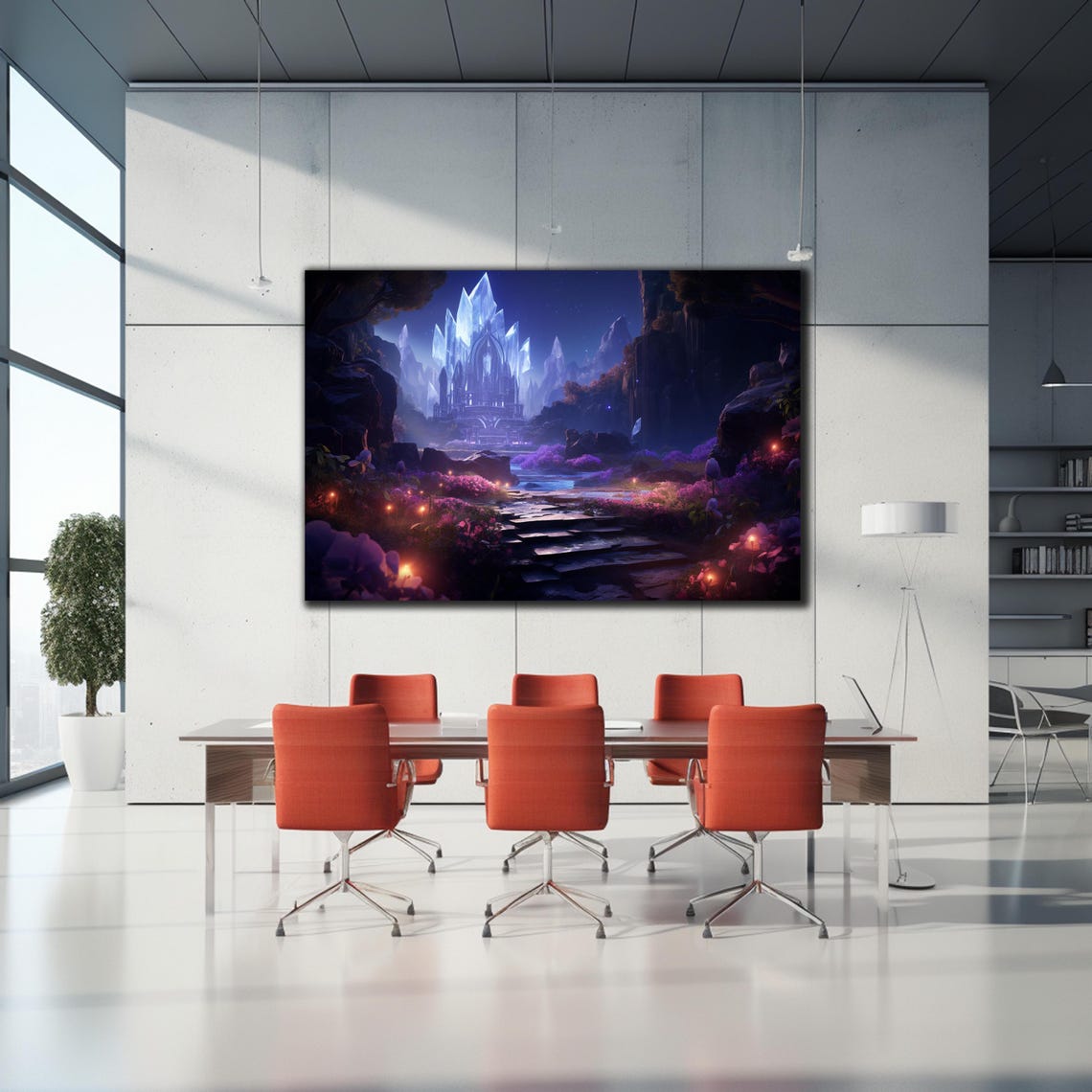 Crystal Ice Castle at Night Glowing Path Fantasy Landscape Wall Art - Image 2