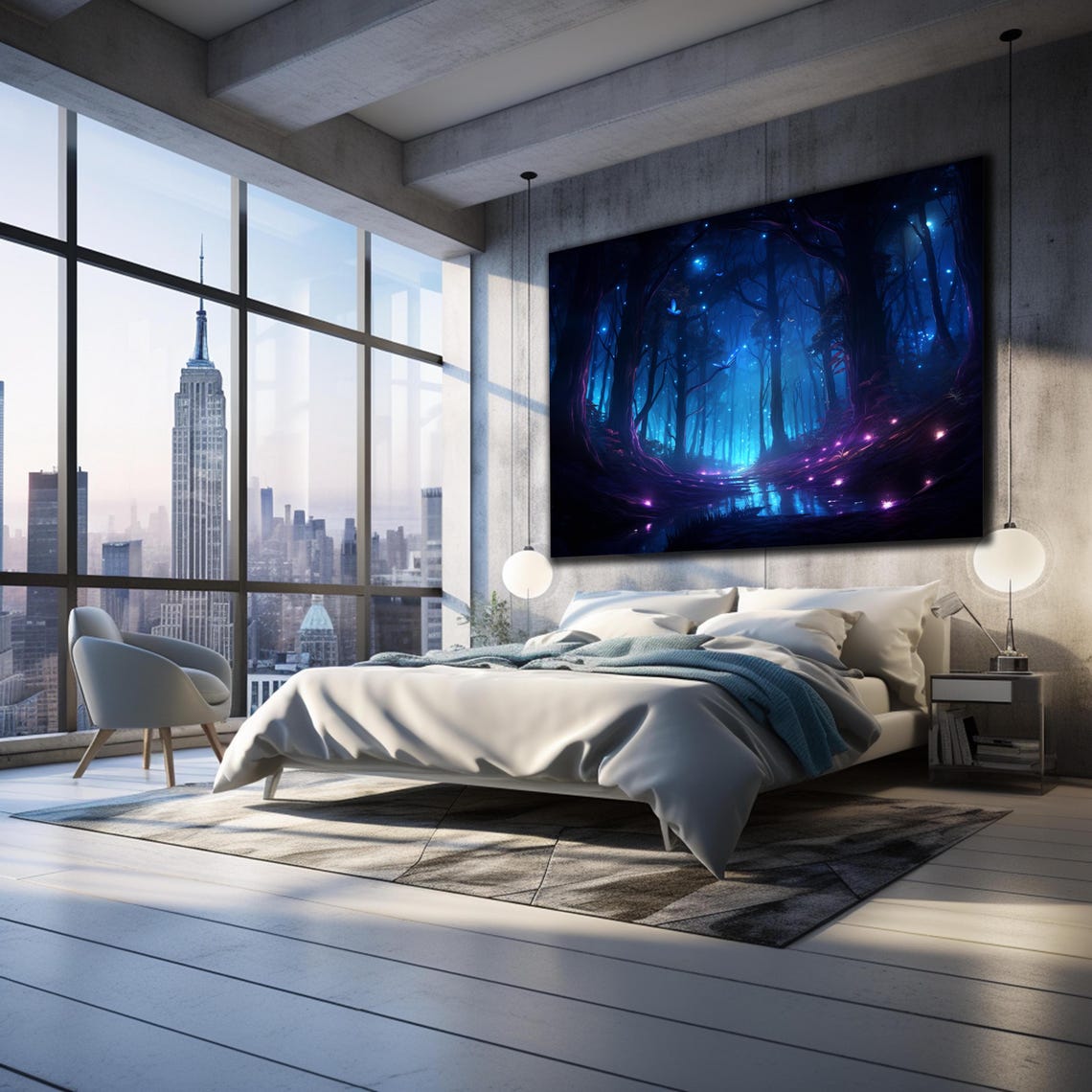 Fireflies Glowing Blue Forest Night Magical Stream Fantasy Wall Art - Image 2