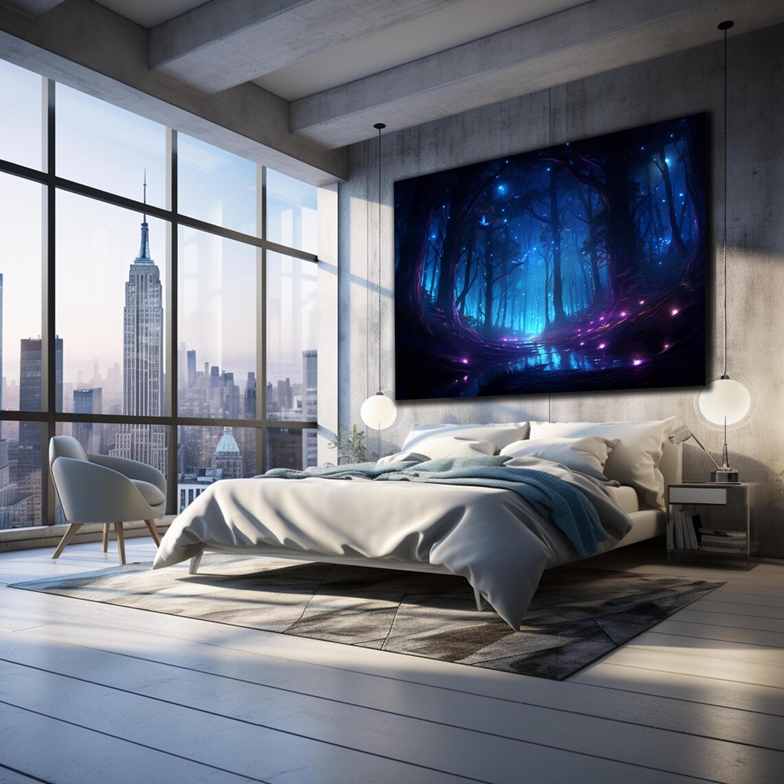 Fireflies Illuminate Forest Tempered Glass Wall Art Fantasy Neon Wall Decor Psychedelic Glowing Forest Glass Art Optical Illusion Artwork - Image 2