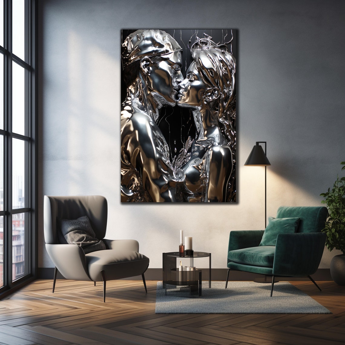 Chrome Silver Kissing Couple Liquid Metal Romantic Art Wall Poster - Image 2