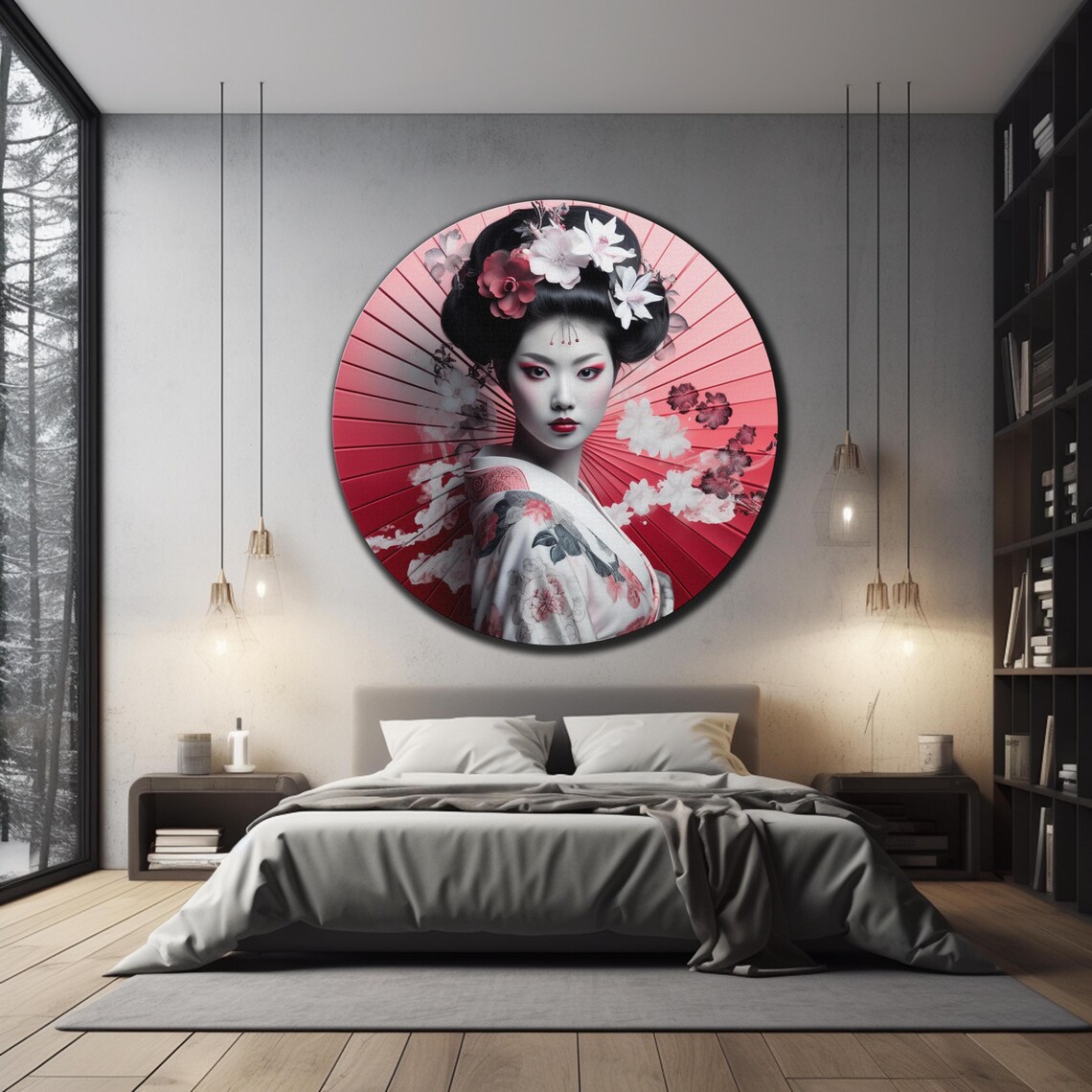 Geisha Portrait Round Red Fan Cherry Blossom Kimono Wall Art Poster - Image 3