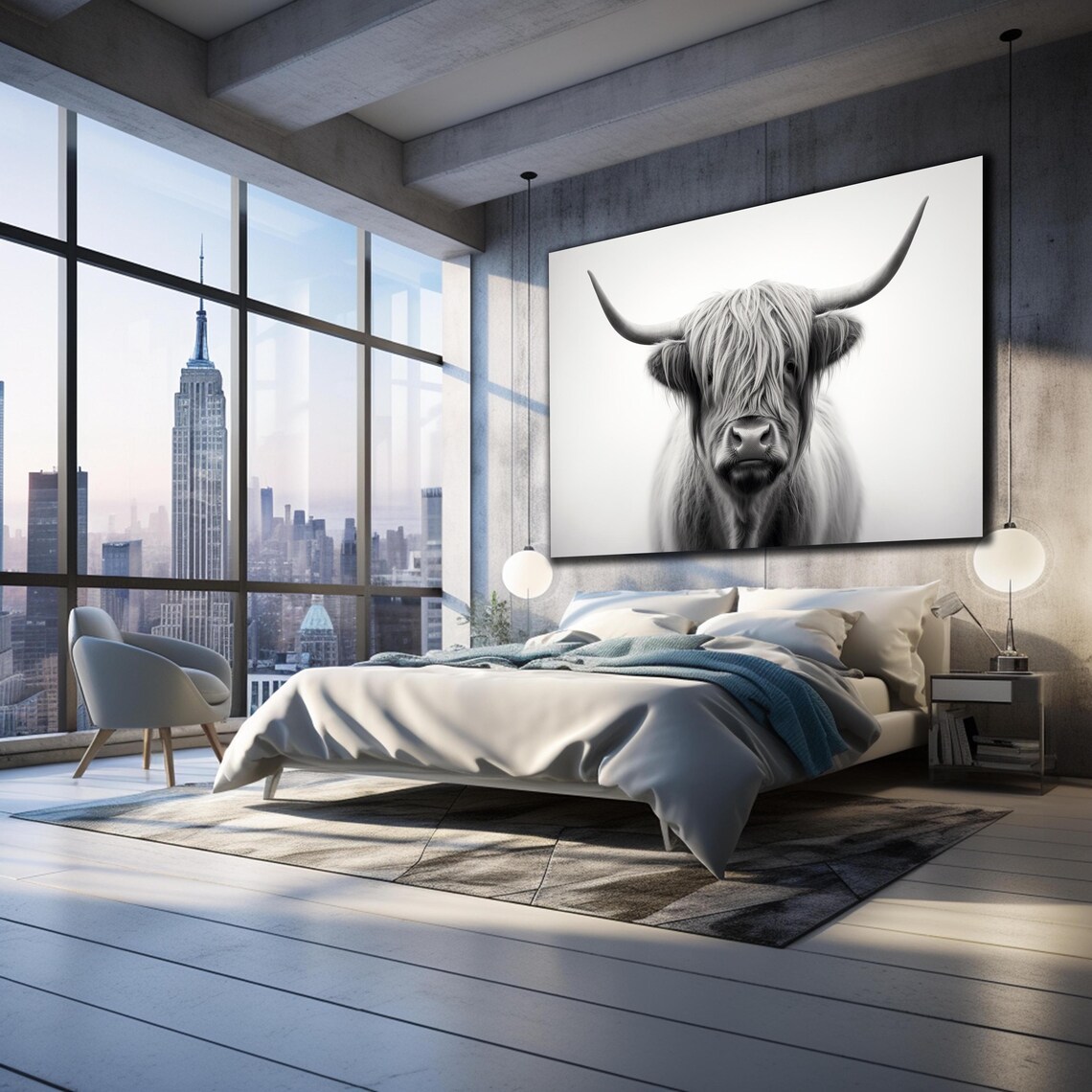 Scottish Highland Cow Black and White Portrait Animal Wall Art Poster - Image 3