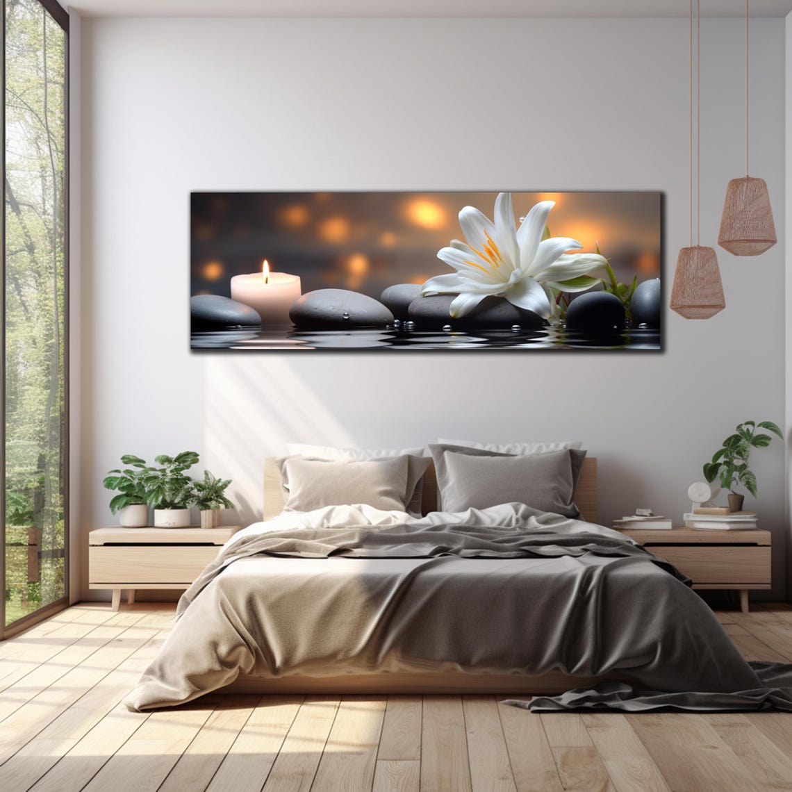 White Lily Candle Zen Stones Dark Water Glow Panoramic Wall Art - Image 2