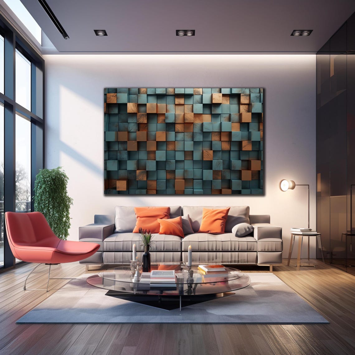 Teal Copper Gold 3D Wooden Cube Blocks Modern Abstract Wall Art - Image 4