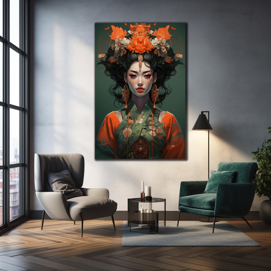 Floral Crown Beauty Green Kimono Teal Painterly Portrait Art Poster - Image 3