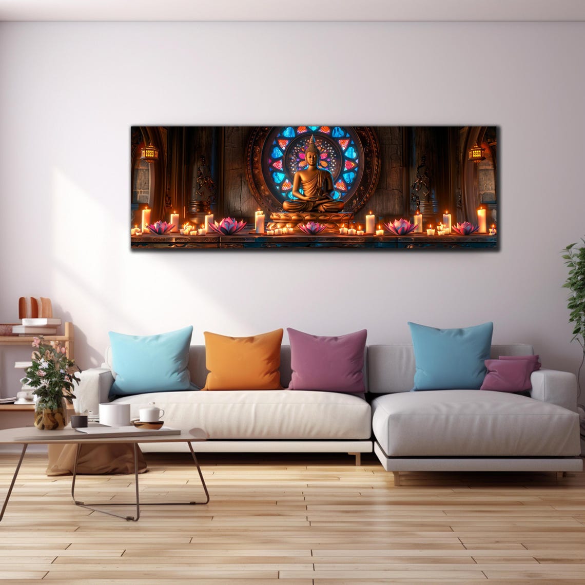 Buddha Temple Altar Candles Lotus Rose Window Panoramic Wall Art - Image 4