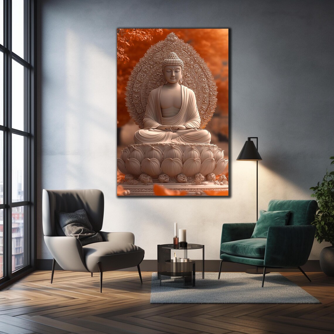 White Buddha Statue Lotus Autumn Orange Calm Zen Wall Art Poster - Image 3