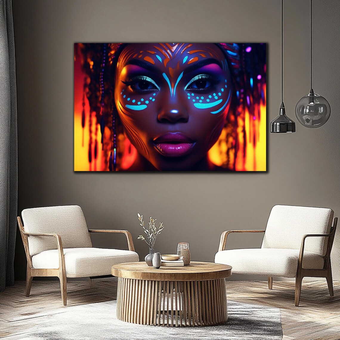 African Woman Neon Face Paint Fiery Orange Glow Portrait Wall Art - Image 3