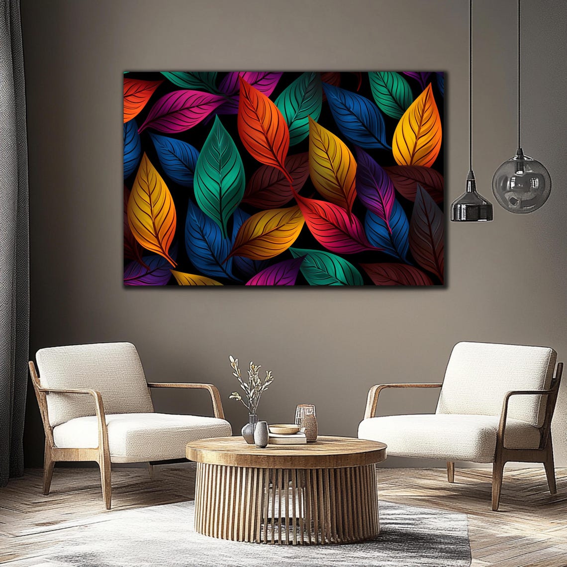 Colorful Rainbow Leaves on Black Tropical Botanical Glass Wall Art - Image 2