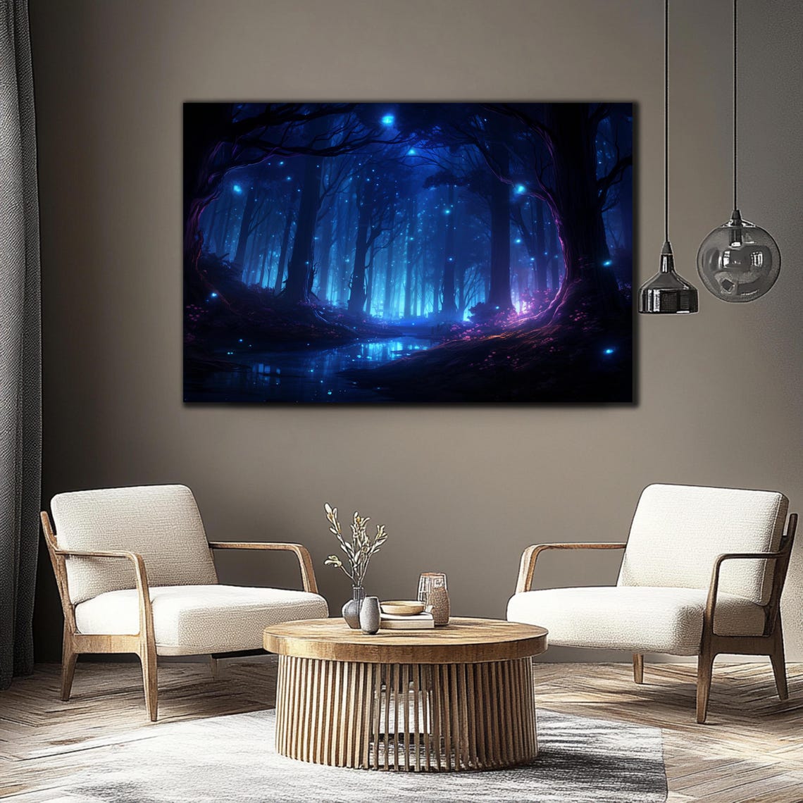 Mystical Blue Firefly Forest Night Pond Reflections Magic Wall Art - Image 3