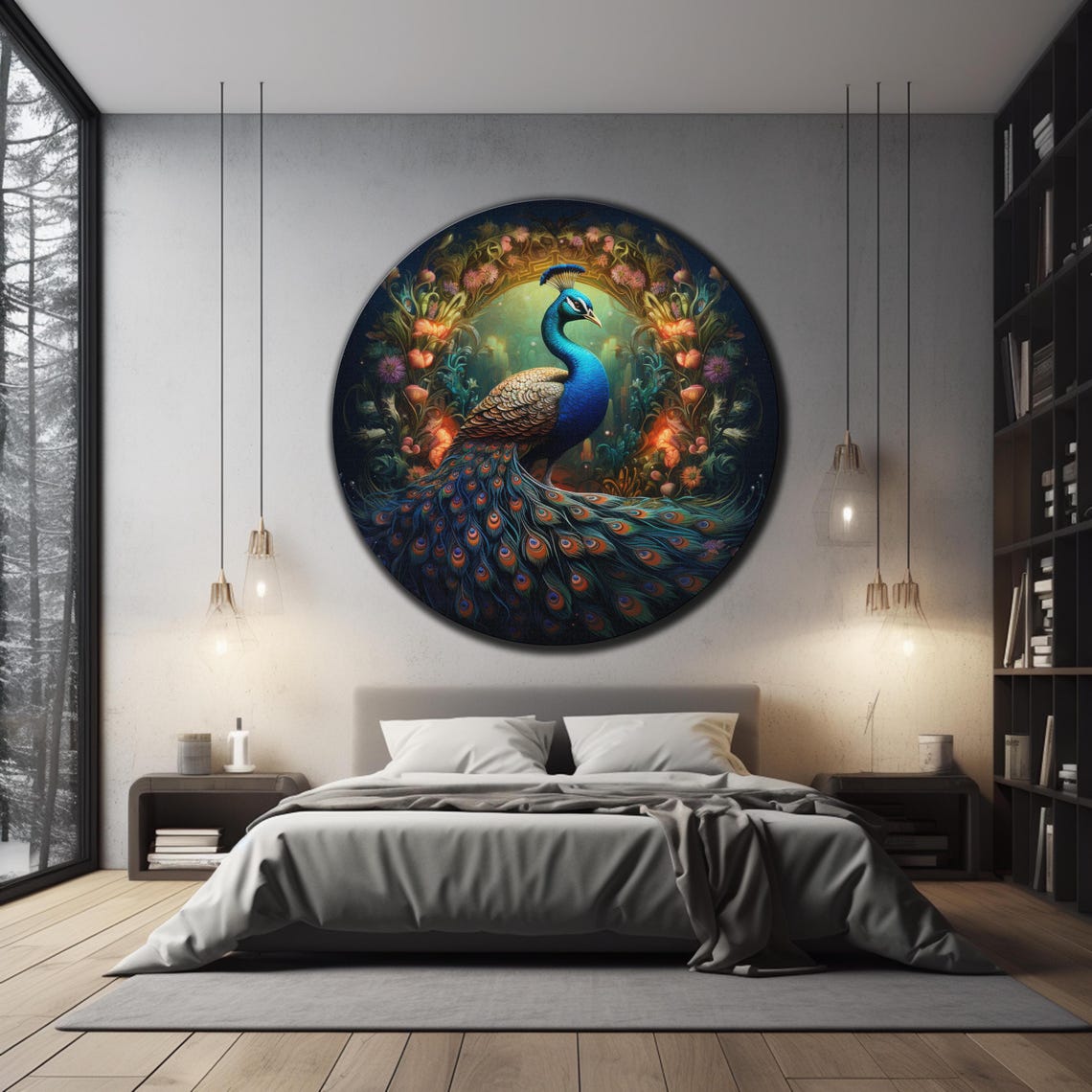 Peacock Night Garden Floral Arch Midnight Bloom Round Wall Art - Image 3
