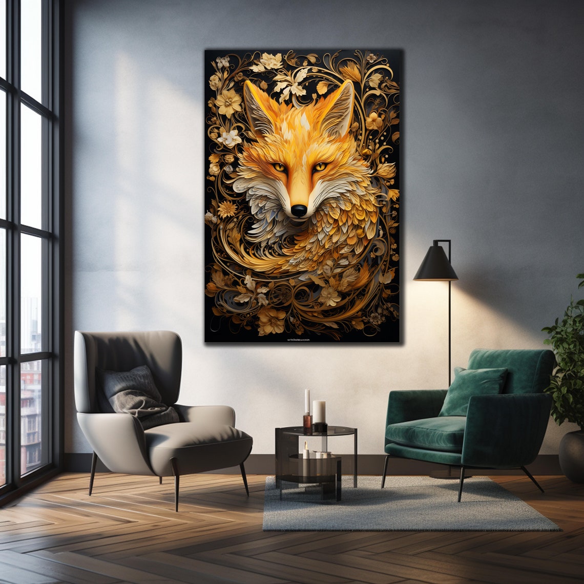 Golden Fox Ornate Floral Black Background Luxury Animal Art Poster - Image 2