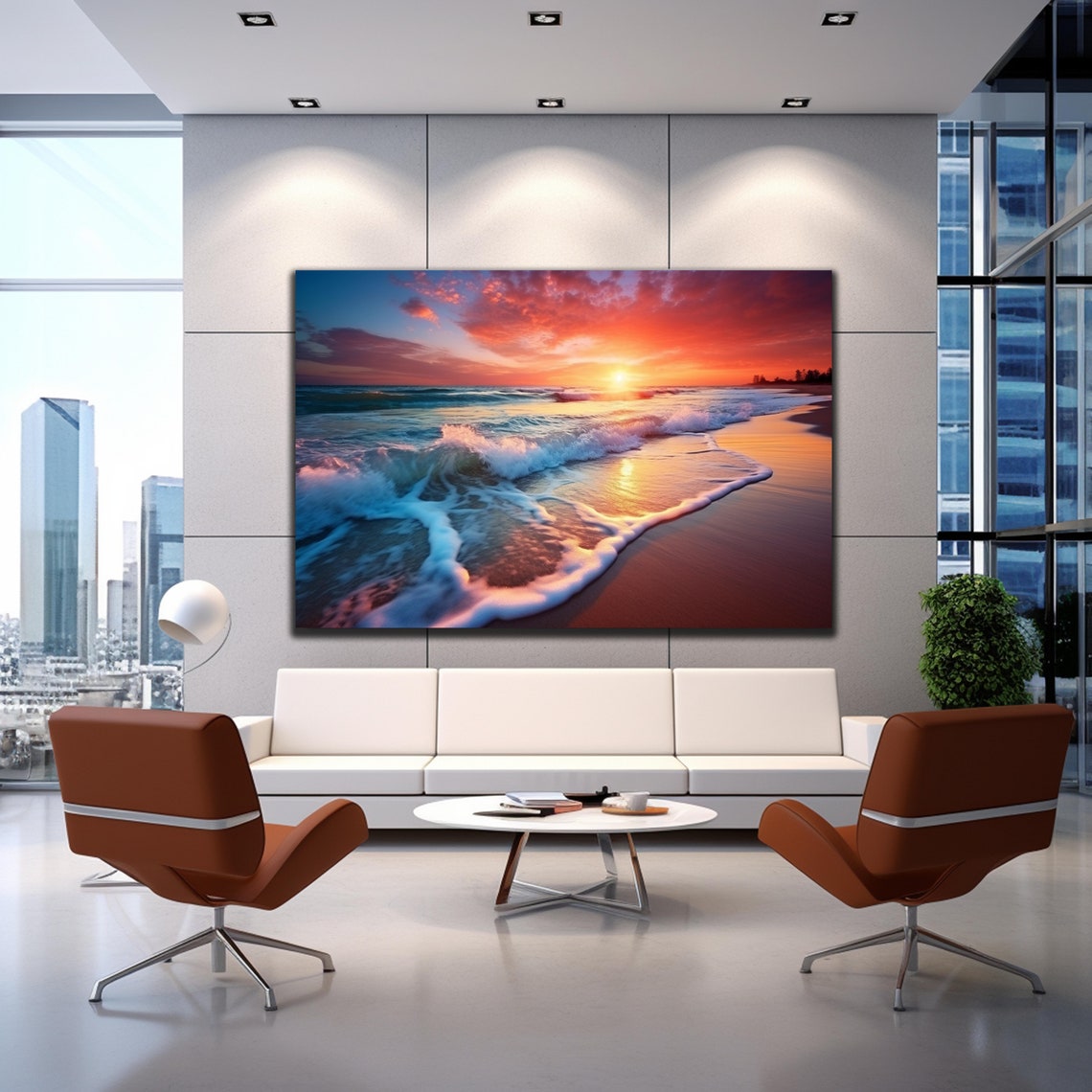 Crimson Sunset Beach Rolling Waves Warm Sand Coastal Art Wall Poster - Image 3