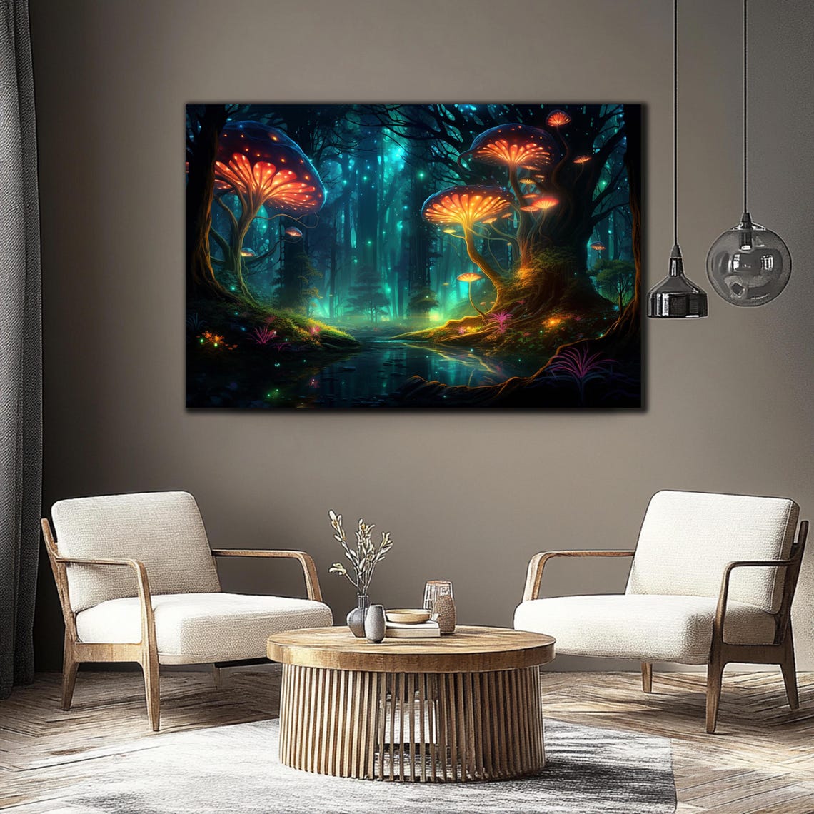 Giant Glowing Mushroom Trees Forest Pond Enchanted Night Wall Art - Image 3