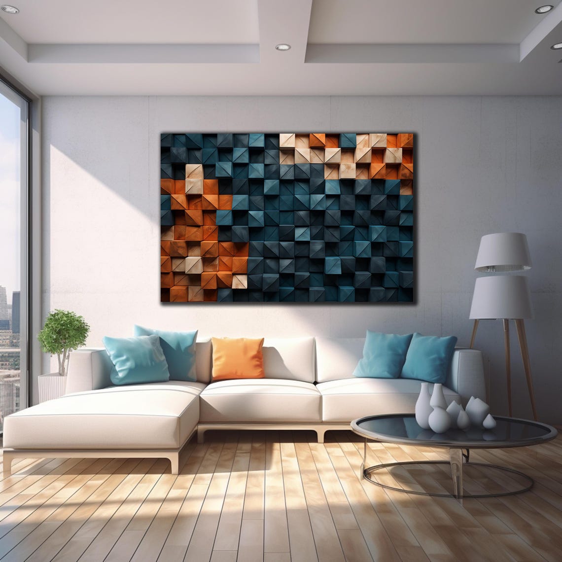 Navy Orange Wood Pyramid Cube Blocks 3D Geometric Modern Wall Art - Image 4
