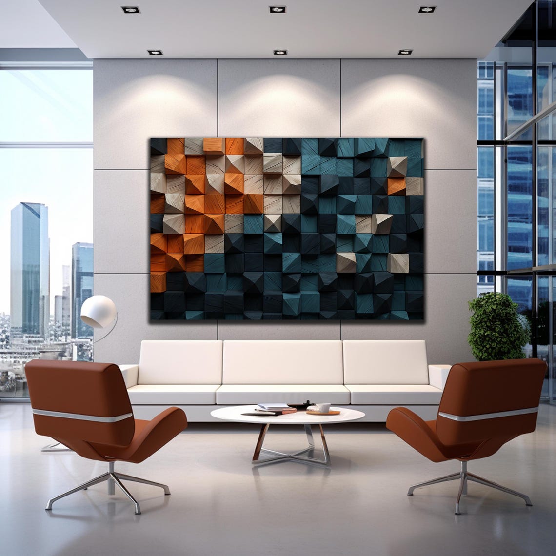 Navy Teal Orange Wood Faceted 3D Cube Block Mosaic Modern Wall Art - Image 3
