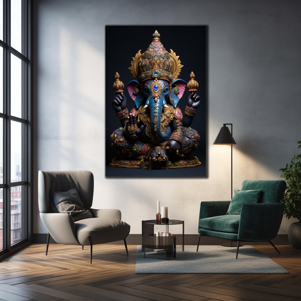 Lord Ganesha Sapphire Blue Golden Crown Sacred Blessing Art Poster - Image 2