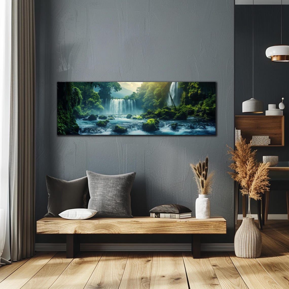 Jungle Waterfall Mossy Rocks Misty Stream Lush Forest Panoramic Poster - Image 2