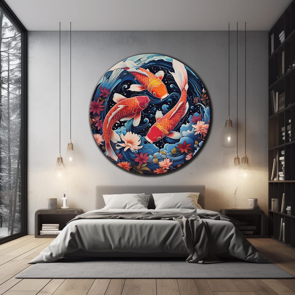 Three Koi Fish Waves Flowers Round Japanese Style Wall Art Poster - Image 2