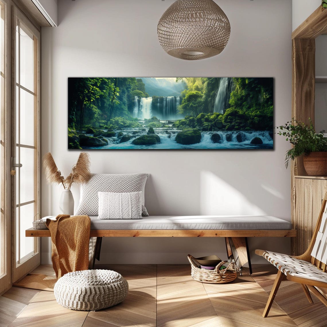 Lush Green Waterfall Gorge Mossy Rocks Crystal Stream Panoramic Poster - Image 3