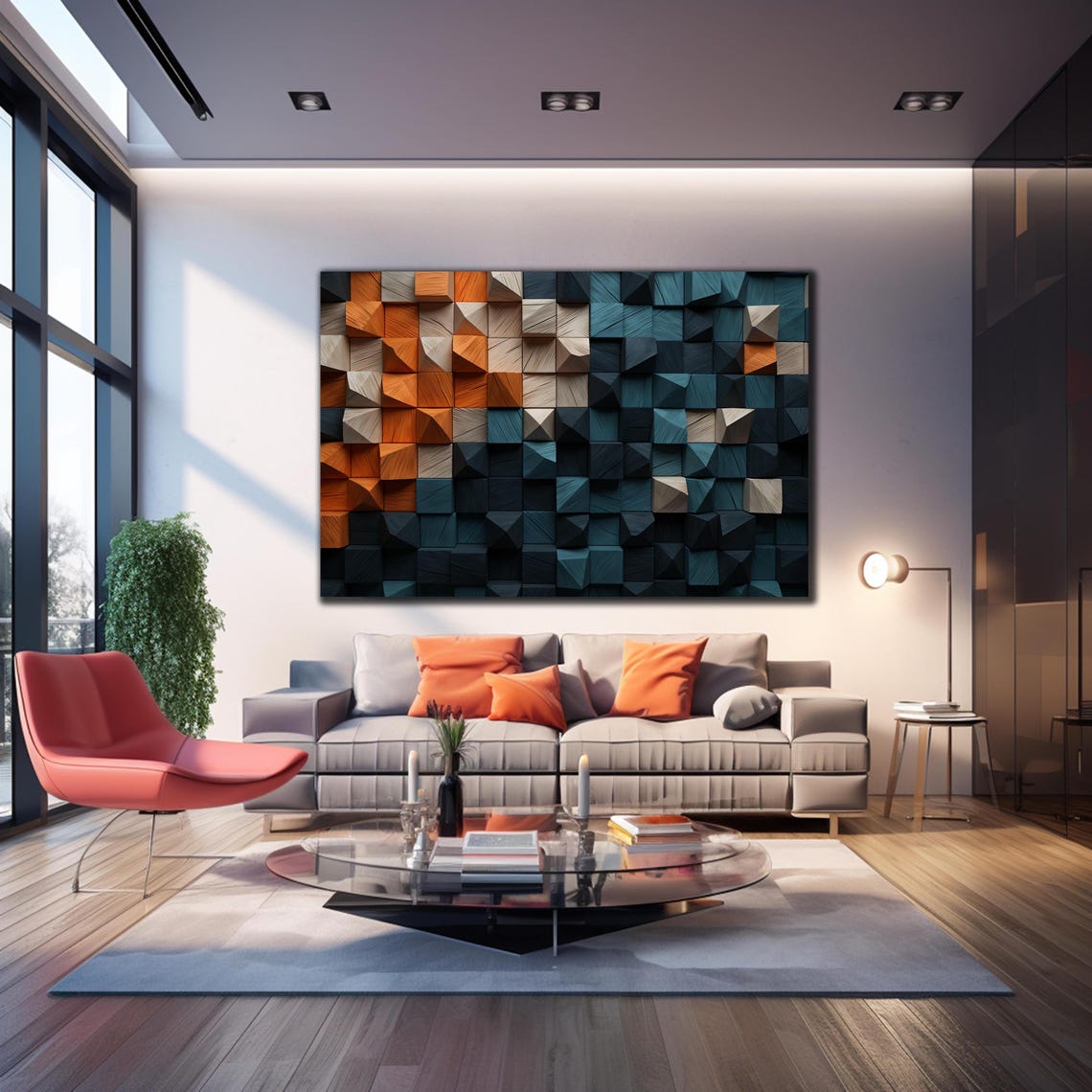 Navy Teal Orange Wood Faceted 3D Cube Block Mosaic Modern Wall Art - Image 4